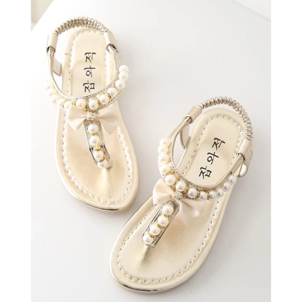 🆕 Girl’s Gold Bowknot Pearl Princess Sandals - Picture 2 of 11